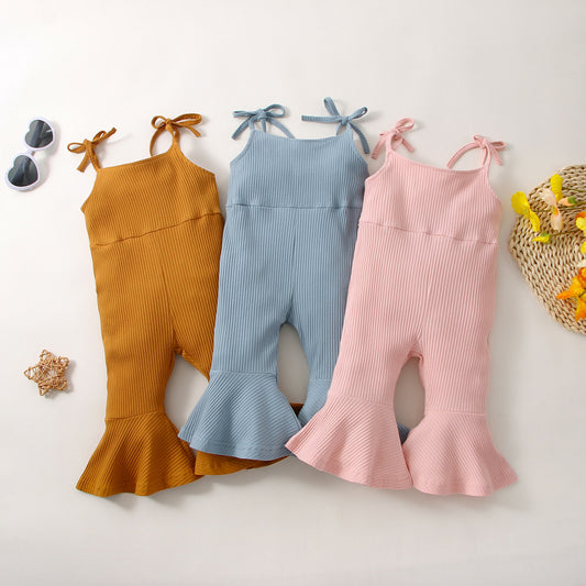 Summer Girls' Sunken Stripe Cotton Solid Color Sling One-piece Bell-bottom Pants