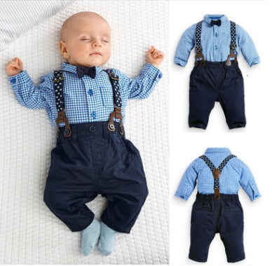 Costume de gentleman pour garçons de style européen et américain, ensemble chemise à carreaux et salopette pour enfants