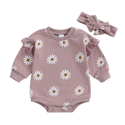 Printed Flounced Sleeve Romper Headscarf