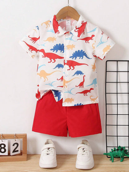 Baby Short Sleeve Shorts Cardigan Two-piece Set Animal Dinosaur Print