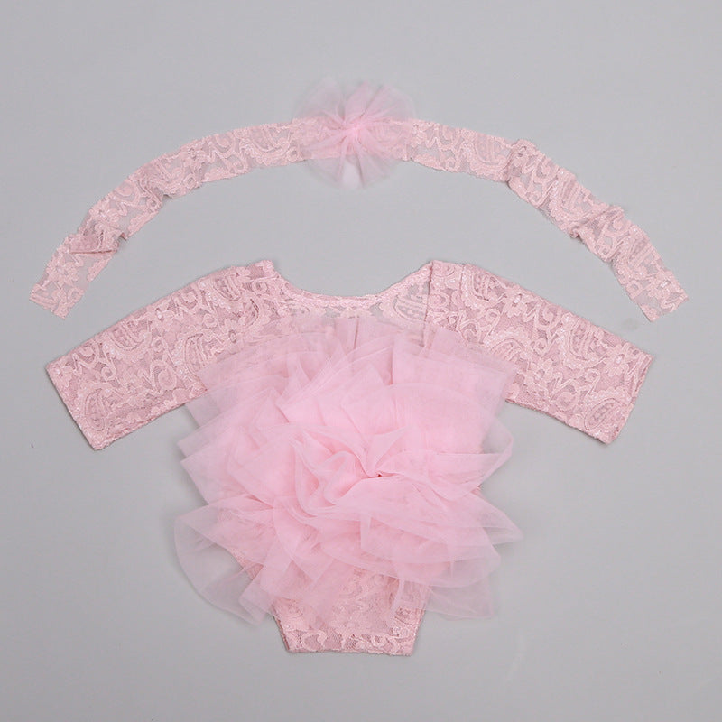 Newborn Costumes Lace Puff Gauze Skirt Headdress Flower Two-piece Set