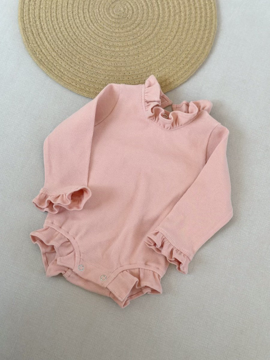 Rib Cotton Short Sleeve Wooden Ear Rompers Jumpsuit