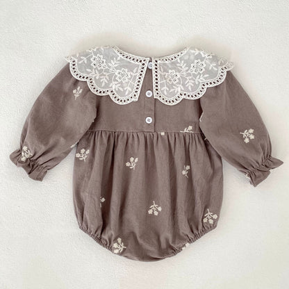 Girls Lace Romper With Long Sleeves And Embroidery