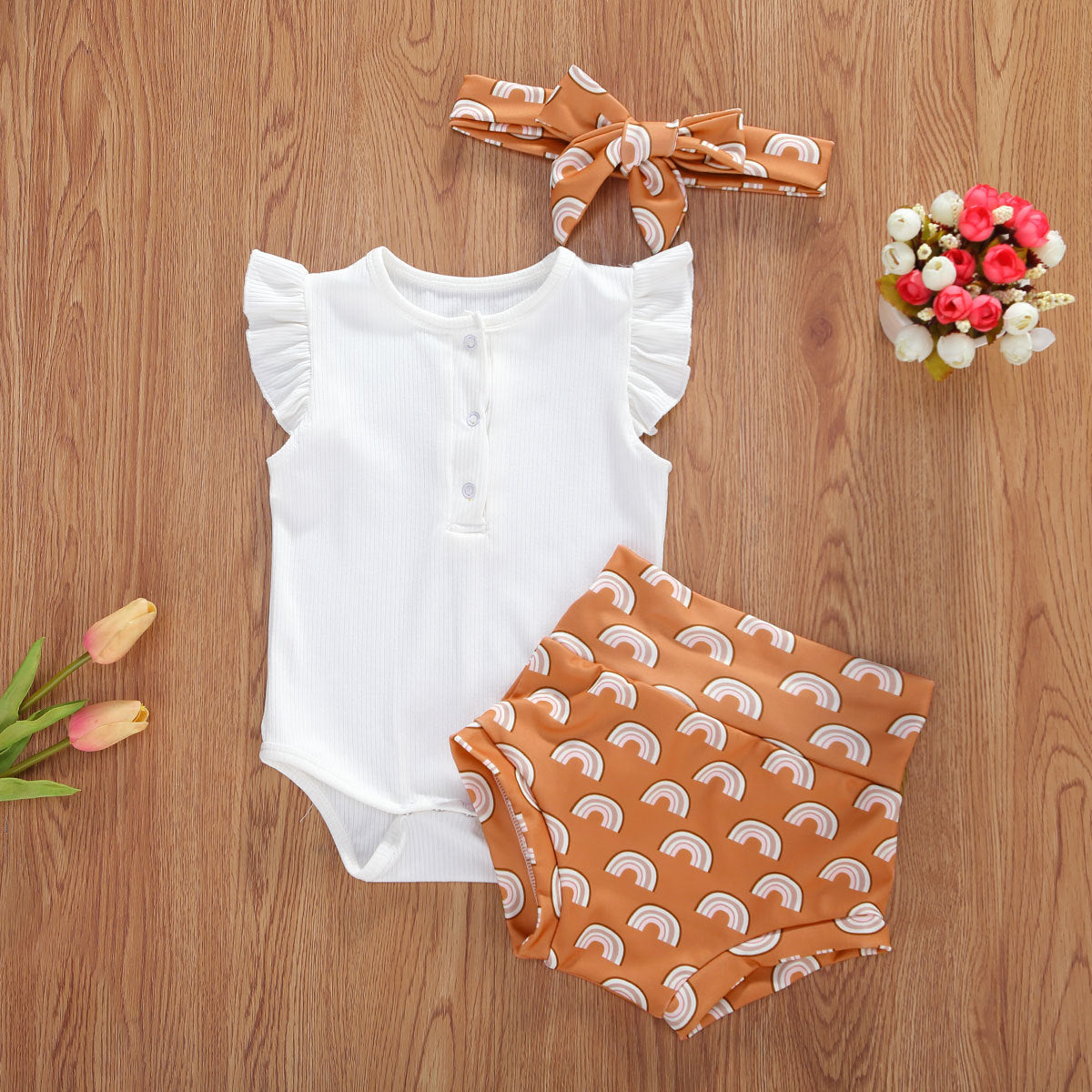 Infant And Toddler Suits Baby Girl Dark Button White Top  Printed Shorts Suit Thre-piece Set