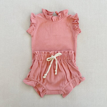 Rib Cotton Short Sleeve Wooden Ear Rompers Jumpsuit