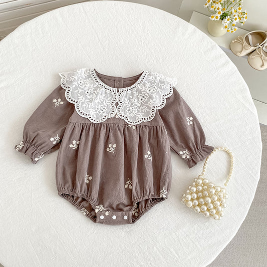 Girls Lace Romper With Long Sleeves And Embroidery
