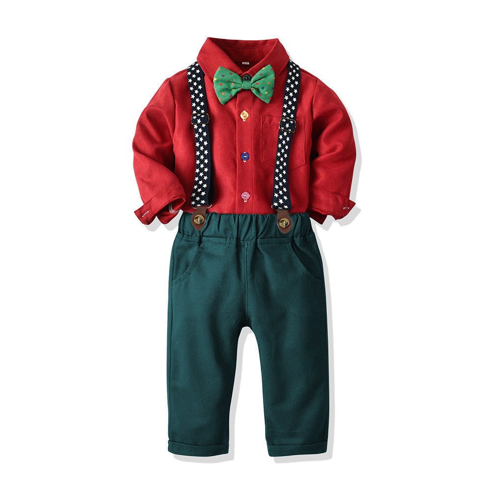 Boys' Cotton Long Sleeved Shirt And Overalls Set