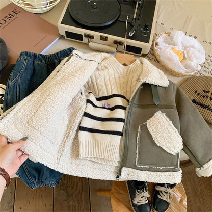 Girls Fleece-Lined Coat Winter Kids Lambswool Top