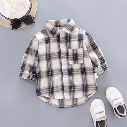 Chemises à carreaux garçons et filles style coréen ample à revers manches longues