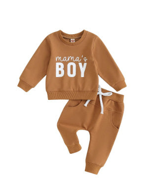 Solid Color Boy Letter Printed Round Neck Long Sleeve Trousers Suit