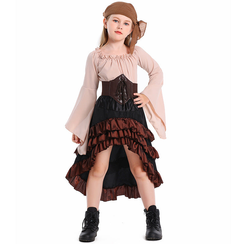 Halloween Retro Front Short Back Long Irregular Ruffled High Waist Dress Up