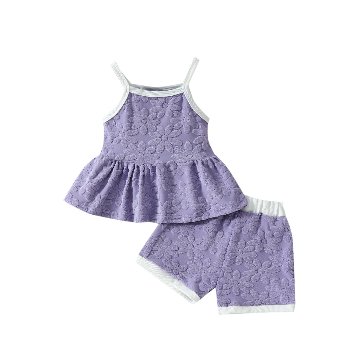 Printed Suspender Top Solid Color Shorts Suit