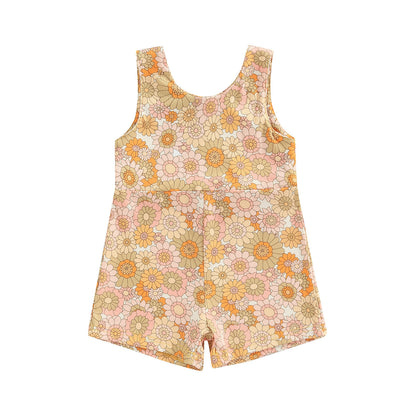 Strap Zipper Rainbow Sunken Stripe Flower Jumpsuit Romper