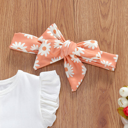Infant And Toddler Suits Baby Girl Dark Button White Top  Printed Shorts Suit Thre-piece Set