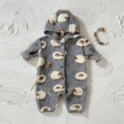 Gray Hooded Lambskin Romper For Babies And Toddlers