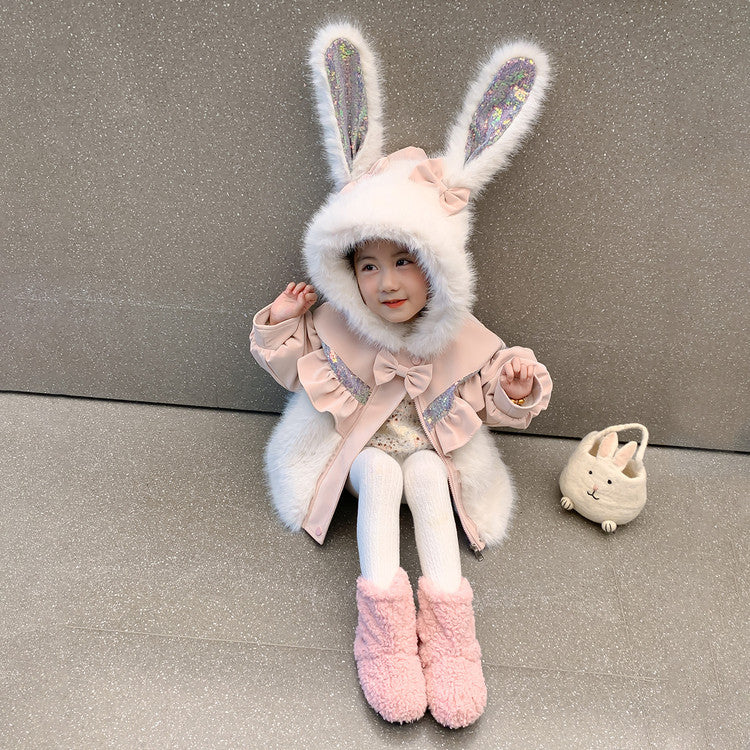 Manteau patchwork en fourrure oreilles de lapin