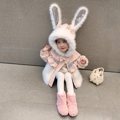 Manteau patchwork en fourrure oreilles de lapin