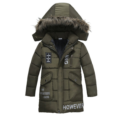 Chaqueta acolchada de algodón cálido con cuello de piel grande para niños