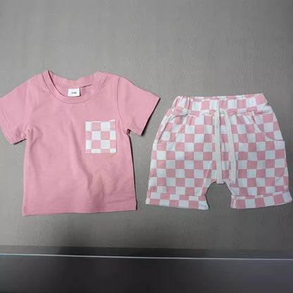 Baby's Casual Short-sleeved Plaid Shorts Suit