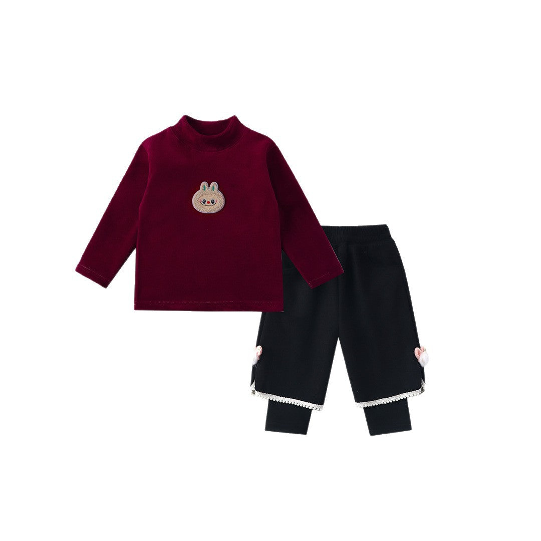 Ensemble de survêtement bébé en polaire d'hiver, doublure molletonnée, épaissie, style coréen, ensemble pantalon une pièce effet deux pièces