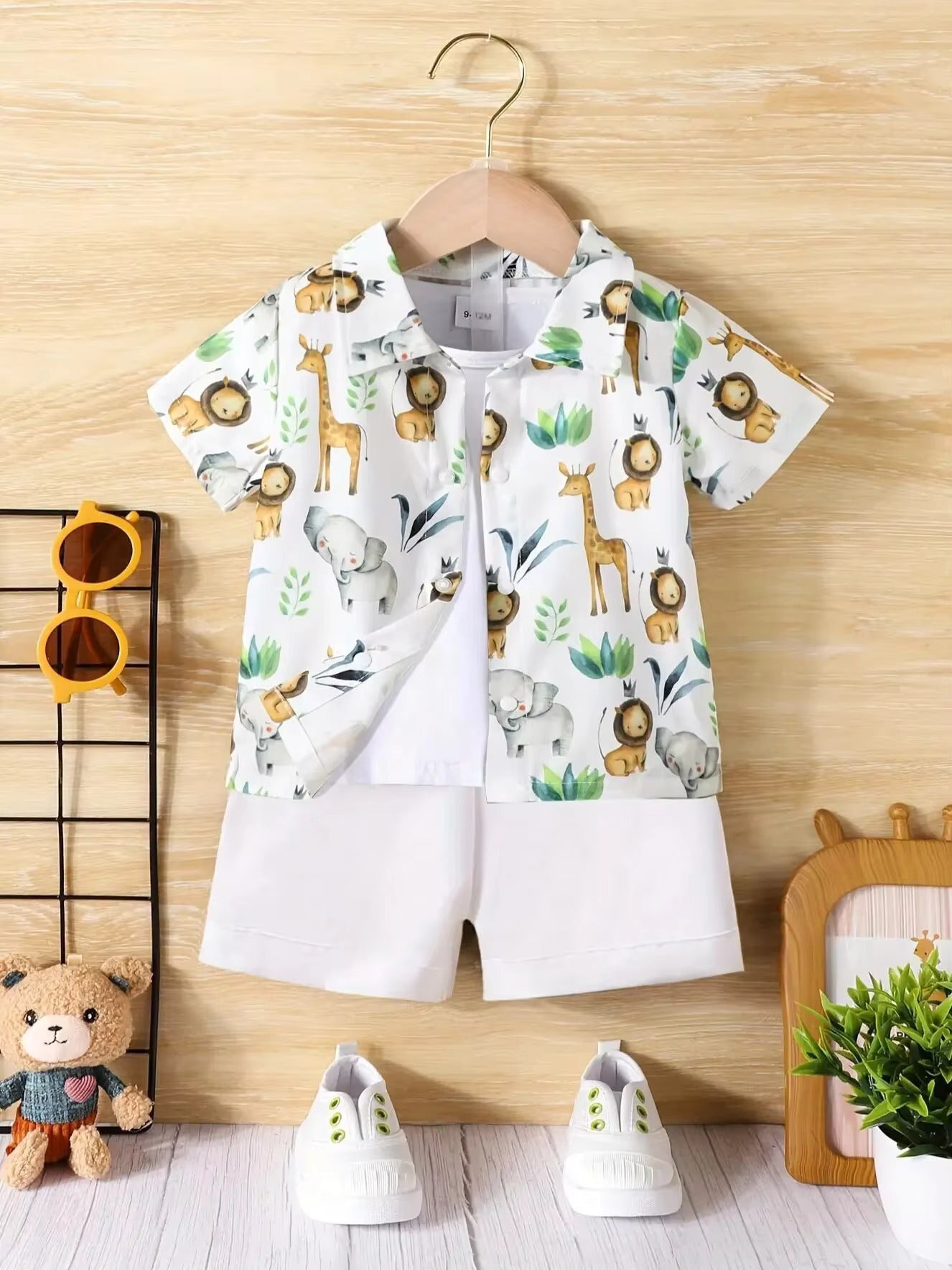 Baby Short Sleeve Shorts Cardigan Two-piece Set Animal Dinosaur Print