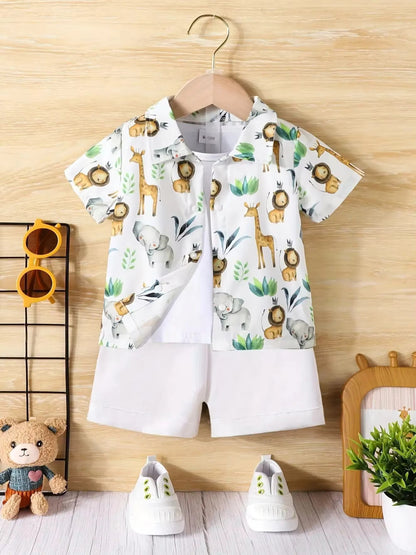 Baby Short Sleeve Shorts Cardigan Two-piece Set Animal Dinosaur Print