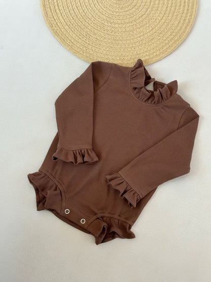 Rib Cotton Short Sleeve Wooden Ear Rompers Jumpsuit