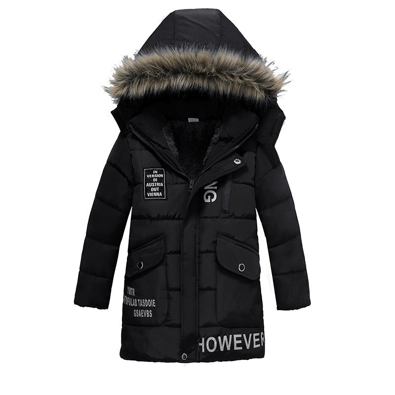 Chaqueta acolchada de algodón cálido con cuello de piel grande para niños