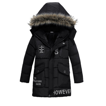 Chaqueta acolchada de algodón cálido con cuello de piel grande para niños