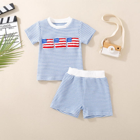 Embroidered Waffle Short Sleeve Top Waffle Shorts
