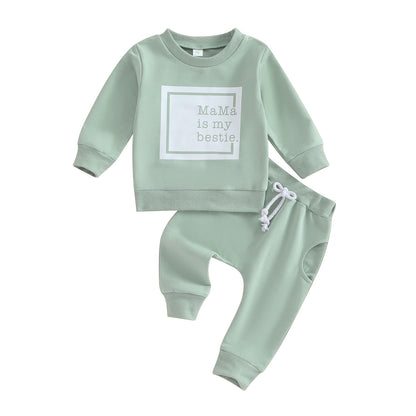 Ensemble deux pièces haut à manches longues imprimé lettre et pantalon de couleur unie