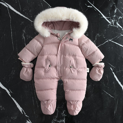 Fleece-lined Thick Large Fur Hooded Baby Jumpsuit