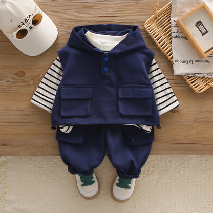 Handsome Boy Casual Spring And Autumn New Big Pocket Hoodie Vest Three-piece