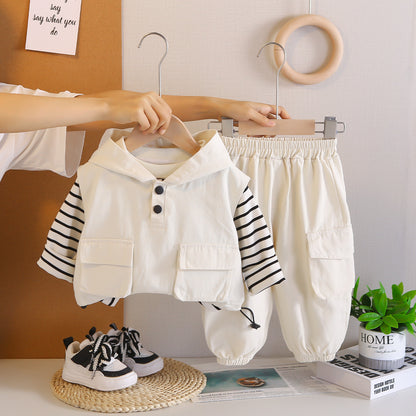 Handsome Boy Casual Spring And Autumn New Big Pocket Hoodie Vest Three-piece