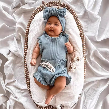 Rib Cotton Short Sleeve Wooden Ear Rompers Jumpsuit