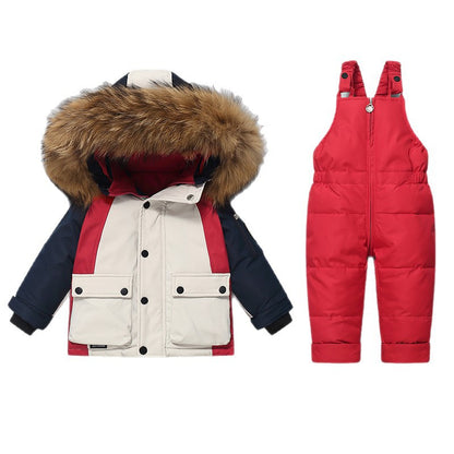 Thickened Down Jacket And Bib Overalls Two-Piece Set For Kids