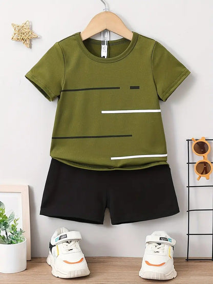 New Short-sleeved T-shirt Shorts Loose Color Matching Lines Two-piece Suit