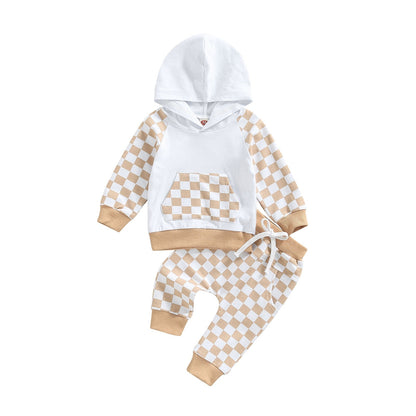 Casual Boys' Plaid Patchwork Hoodie Trousers Suit