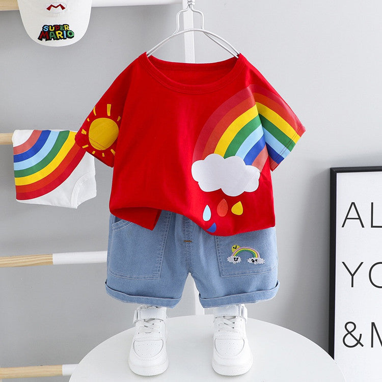 Boys And Girls Short-sleeved Denim Five-point Pants Two-piece Cute Pants Suit Cotton Short-sleeved