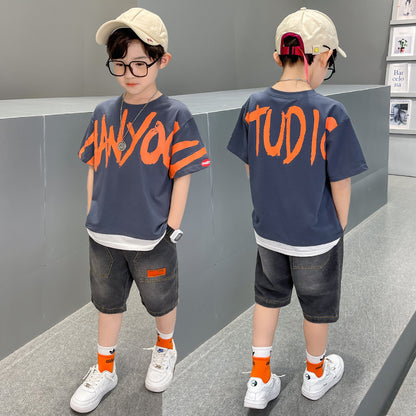 Camiseta de traje de manga corta para niño grande de moda