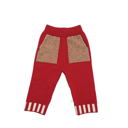 Knitted Contrasting-Color Red Sweater Pants And Hat New Year Three-Piece Set