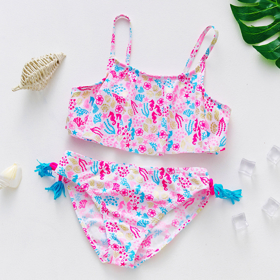 Maillot de bain deux pièces en nylon avec motifs dorés pour enfants plus âgés