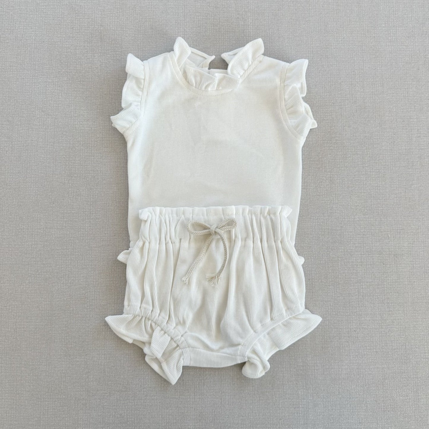 Rib Cotton Short Sleeve Wooden Ear Rompers Jumpsuit