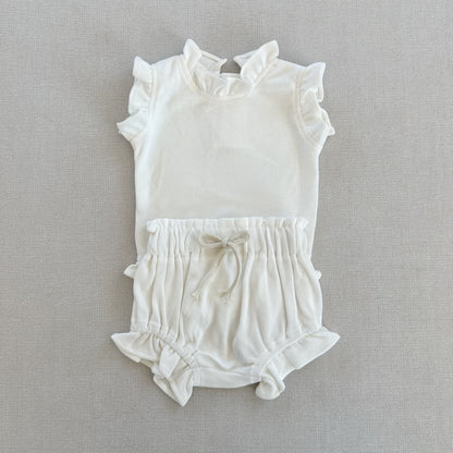 Rib Cotton Short Sleeve Wooden Ear Rompers Jumpsuit