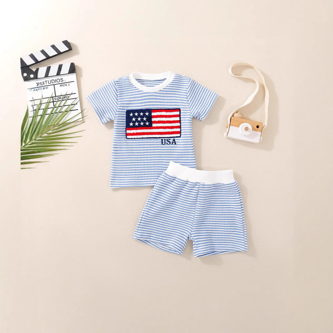 Embroidered Waffle Short Sleeve Top Waffle Shorts
