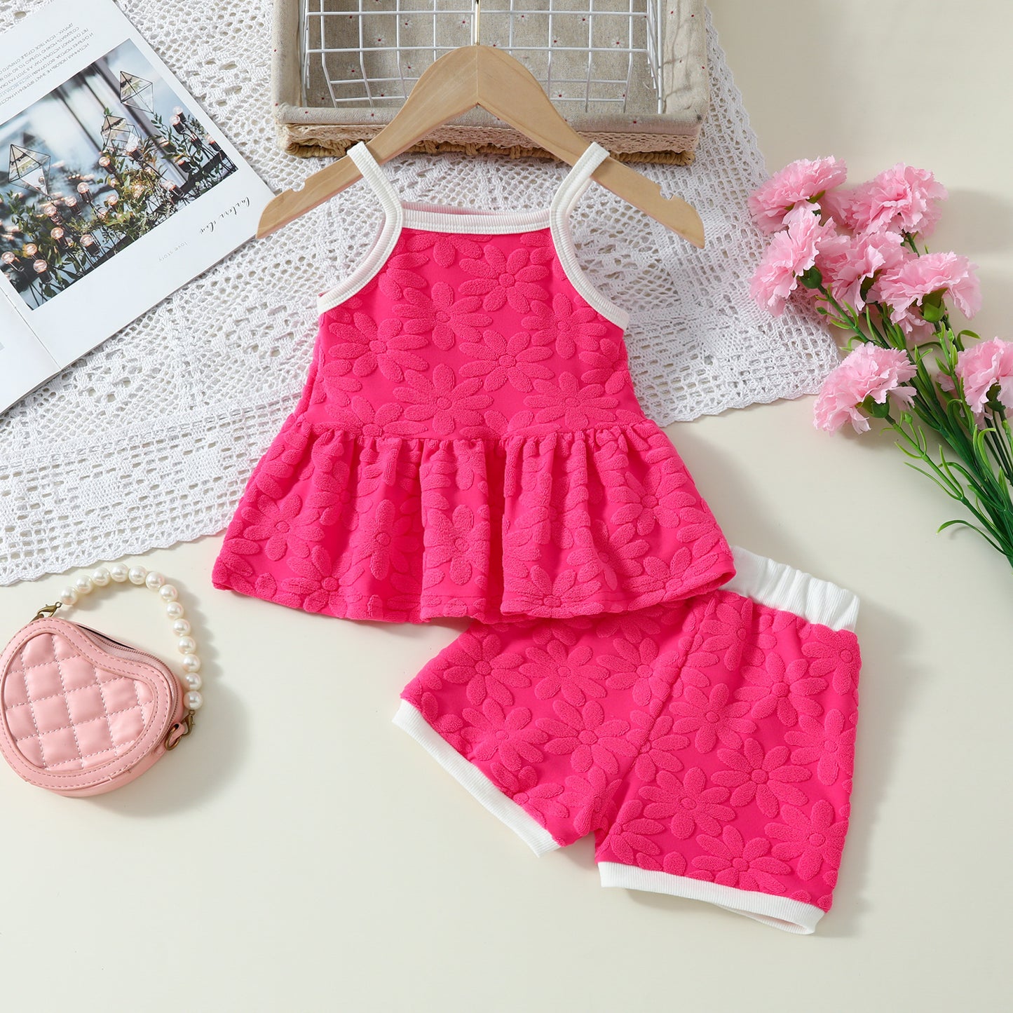 Printed Suspender Top Solid Color Shorts Suit