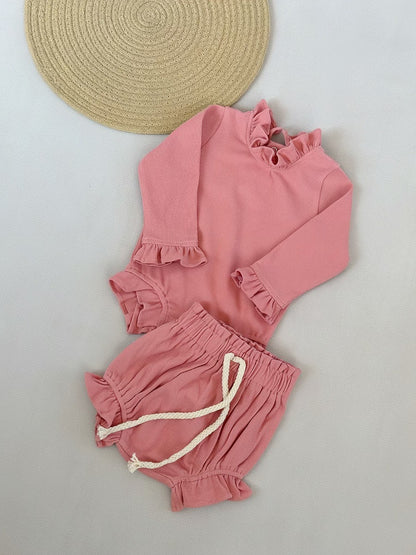 Rib Cotton Short Sleeve Wooden Ear Rompers Jumpsuit