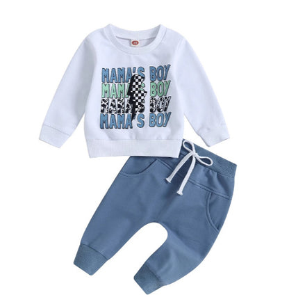 Casual Boy Letter Floral Print Long Sleeve Pullover Trousers Suit
