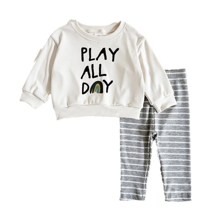 Loose Children's Clothing Letter Print Round Neck Long Sleeve Striped Trousers Suit