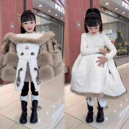 Fleece-lined Padded Faux Fur Coat For Little Girls